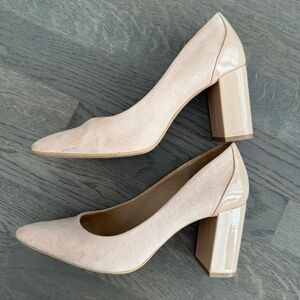 Beige/Brown Faux Suede & Patent Leather Heel Size 40/Womens 8.5